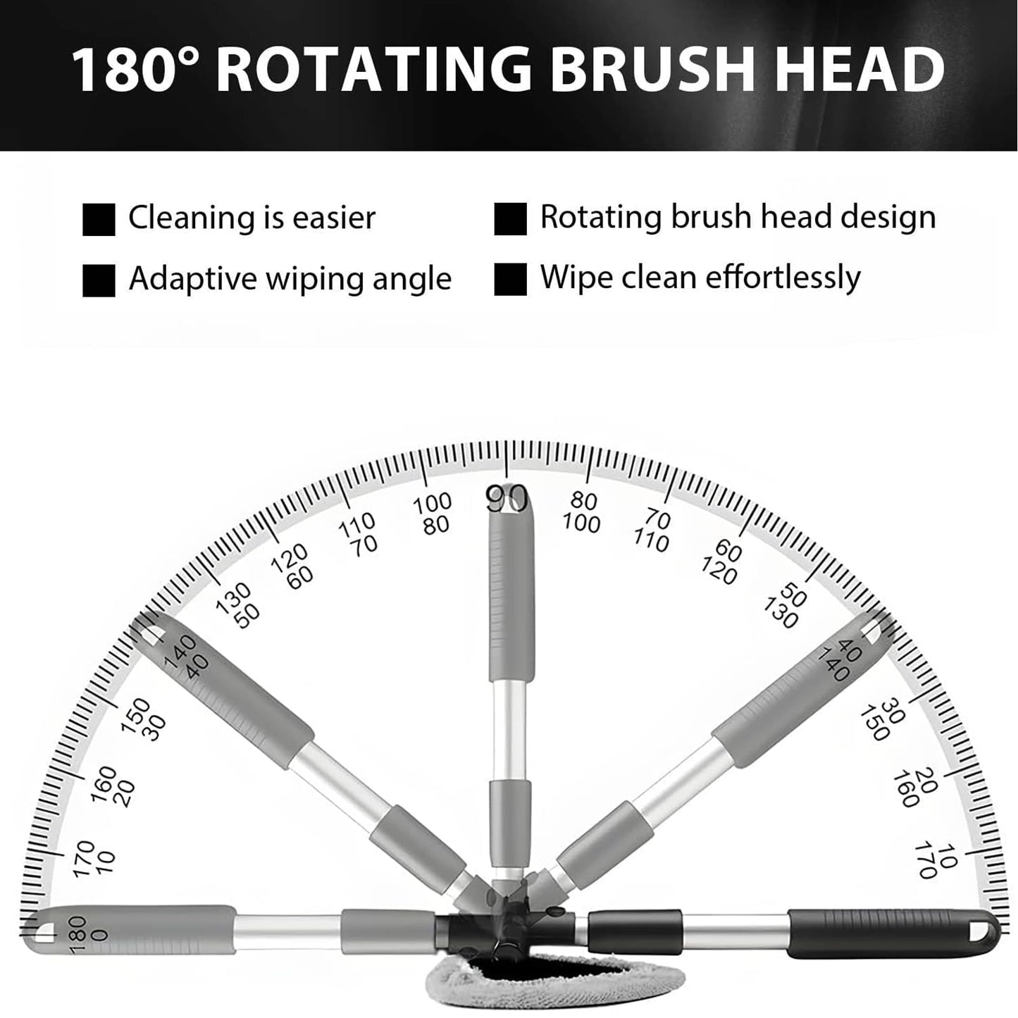 Windshield Cleaner Tool with Rotating Extendable Handle, 4 Reusable Microfiber Pads, Aluminum Window Cleaning Wand for Car Interior, Auto Glass, RV, Truck, with 30ml Spray Bottle