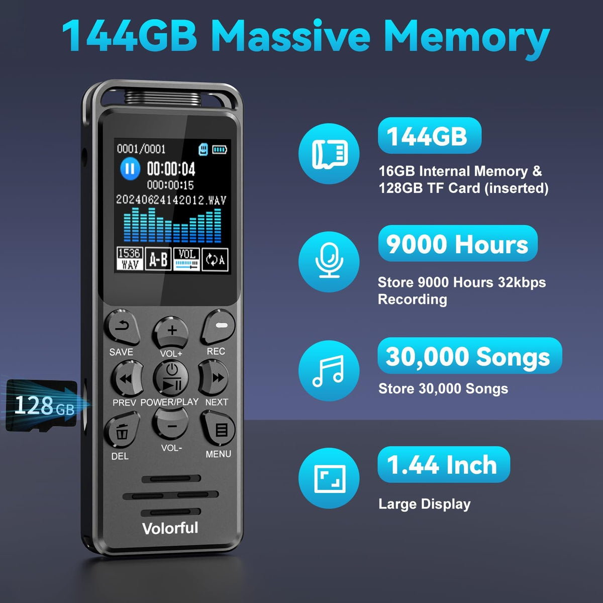 144GB Digital Voice Recorder with Playback, Volorful 1536Kbps Audio Recorder for Interviews Meetings, Voice Activated Recorder Recording Device with Noise Reduction, MP3 Stereo Player, Microphone