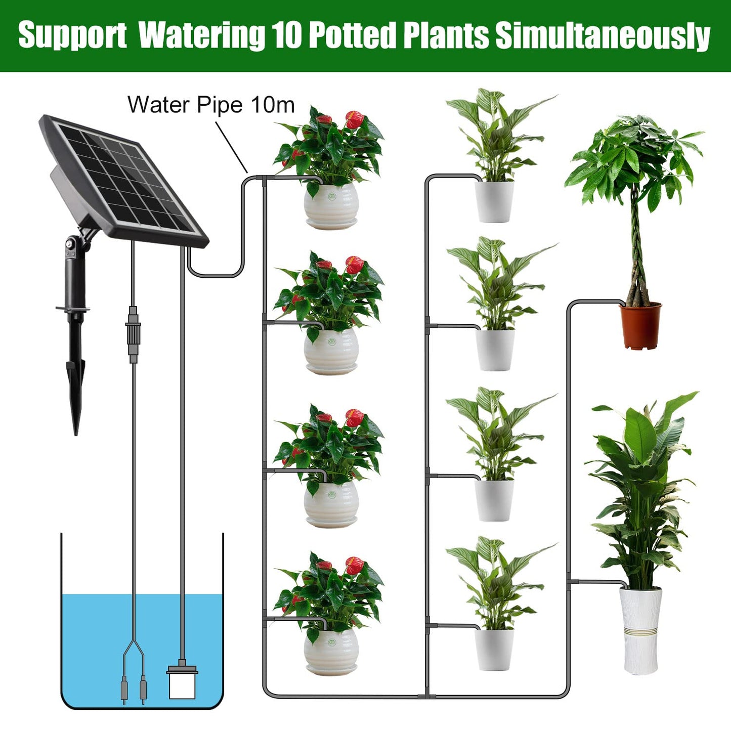 Solar Automatic Drip Irrigation Kit System, JIYANG Solar Powered Auto Easy DIY Watering Device Supported Pots Plants, 6 Timing Modes with Anti-Siphoning Device (Supported 10 Pots, 6Timing Modes)