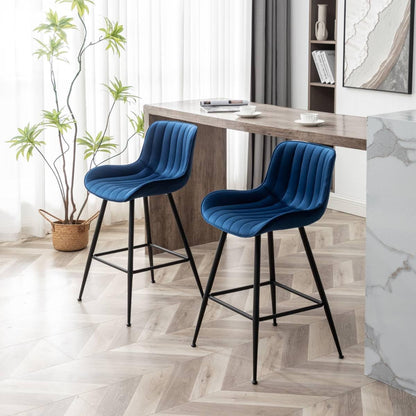Whiterye Bar Stools Set of 2 - Luxury Bar Stools Counter Height Bar Stools 24 Inch Seat Height Upholstered Velvet Barstools Blue Bar Stools for Kitchen Island, Home Bar, Bar Pub (Blue).