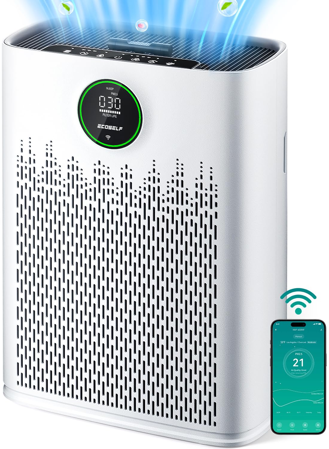 ECOSELF Smart Air Purifier for Home Large Rooms, with WiFi Control, Covers Up to 2400 Ft², Smart Mode, AQI Display, 22dB Sleep Mode & Aromatherapy with 2X-Power Filtration, HAP603WF, Bright White