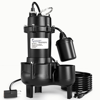 LANCHEZ 1HP 6600 GPH Submersible Sewage Pump, Heavy Duty Cast Iron Effluent Pump with Automatic Tethered Float Switch, Sump Pump for Sump Basin, Basement, Residential, 2" NPT Discharge
