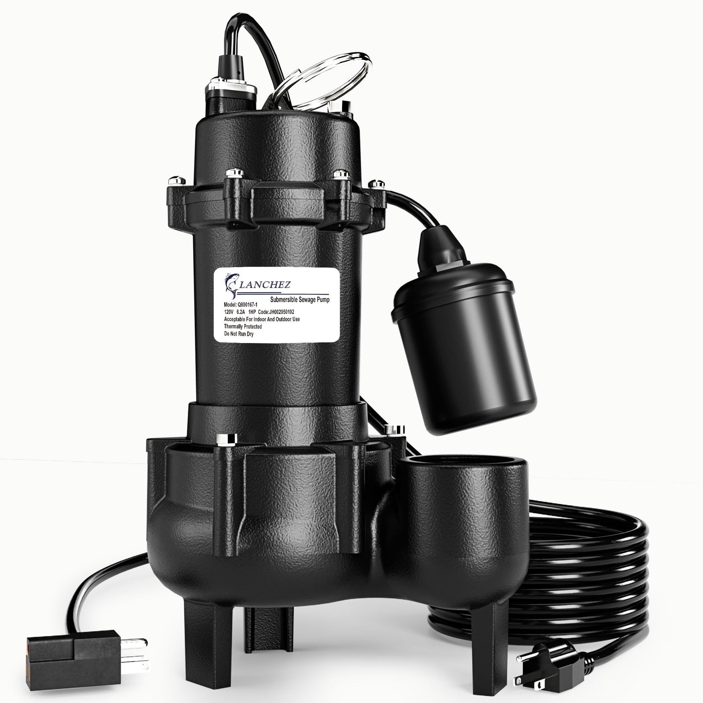 LANCHEZ 1HP 6600 GPH Submersible Sewage Pump, Heavy Duty Cast Iron Effluent Pump with Automatic Tethered Float Switch, Sump Pump for Sump Basin, Basement, Residential, 2" NPT Discharge
