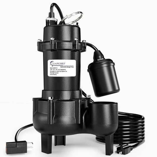 LANCHEZ 1HP 6600 GPH Submersible Sewage Pump, Heavy Duty Cast Iron Effluent Pump with Automatic Tethered Float Switch, Sump Pump for Sump Basin, Basement, Residential, 2" NPT Discharge