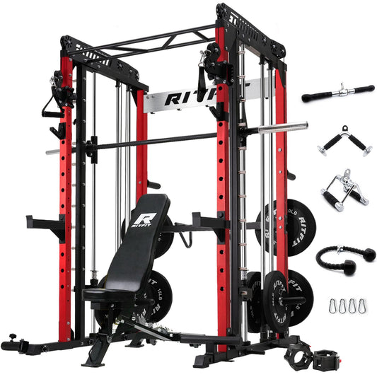 RitFit M1 Smith Machine with Cable Crossover System, Multi-Function Squat Rack Power Cage for Home Gym, Power Rack and Packages with Olympic Barbell Weight Set, Weight Bench, Olympic Bar and More