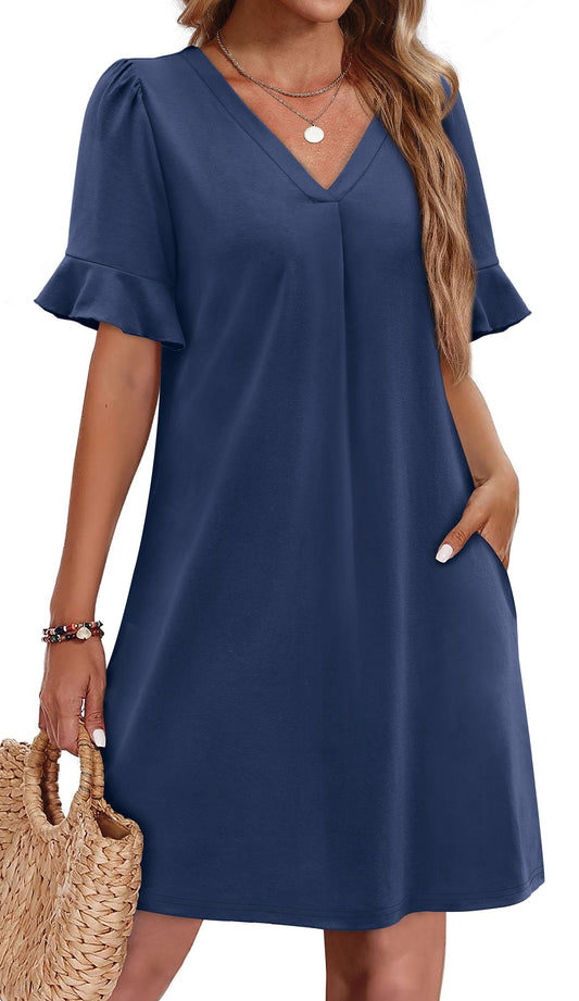 OFEEFAN Navy Blue Dress for Women Summer V Neck Dinner Dresses for Women 2025 with Pockets S
