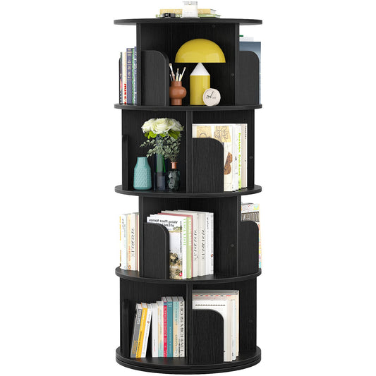 Aheaplus Rotating Bookshelf, 360 Display Corner Bookshelf for Small Space, 4 Tier Floor Standing Bookcase Storage Rack, Wood Narrow Organizer for Bedroom, Living Room, Study Room, Black