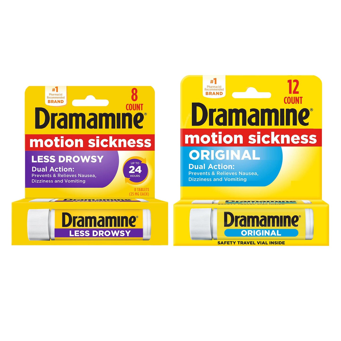 Dramamine Motion Sickness Variety Pack (1- Original Formula 12 Count, 1- All Day Less Drowsy 8 Count)