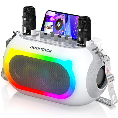 SUDOTACK Karaoke Machine for Adults Kids with 2 Wireless Microphones, Bluetooth PA Speaker System with Echo/Bass/Treble Adjustment for Home Party, Outdoor, Church, Picnic, Birthday Gifts (White)