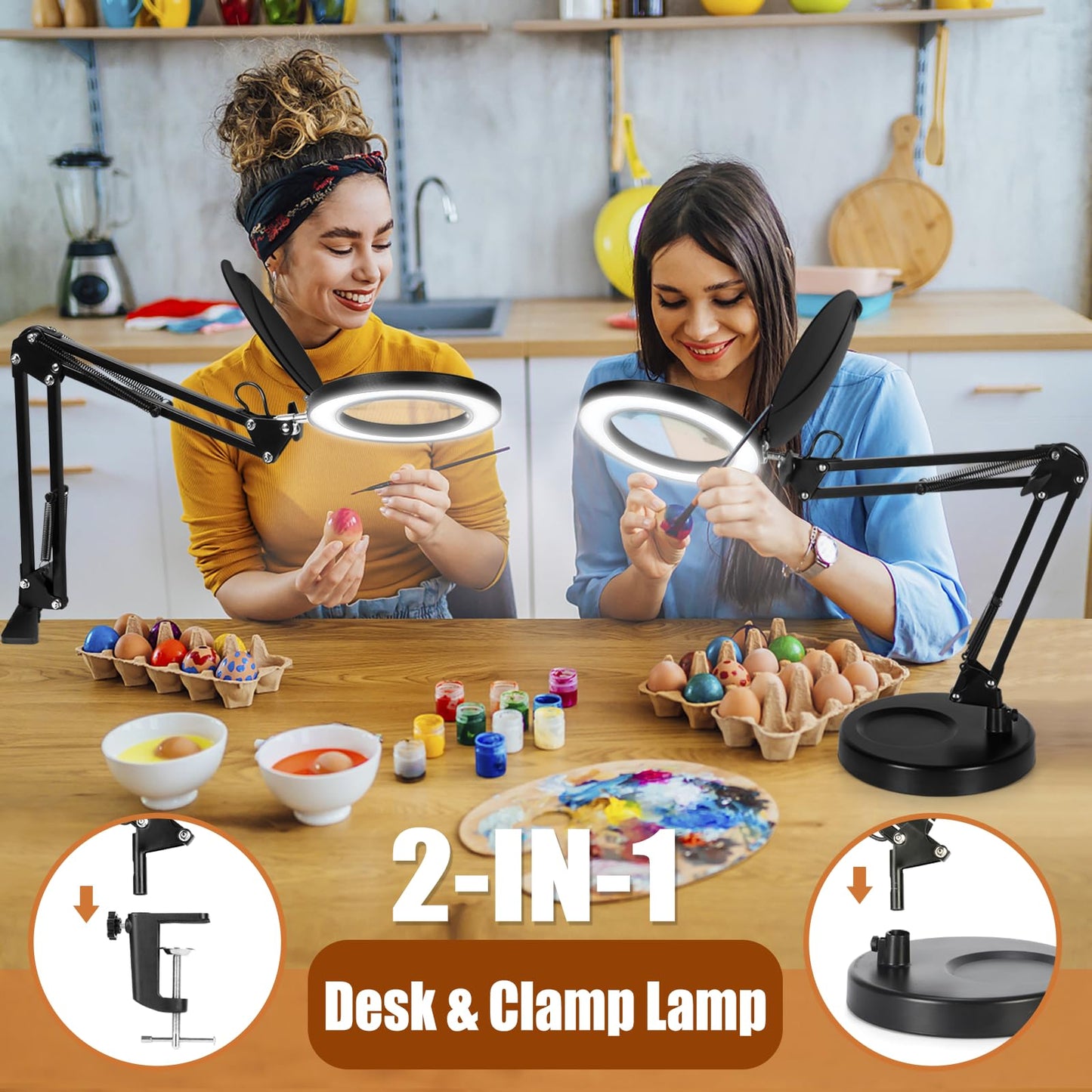 Veemagni 10X Magnifying Glass with Light and Stand, 2-in-1 LED Magnifying Desk Lamp with Clamp & Lens Cover, 3 Color Modes Stepless Dimmable Hands Free Lighted Magnifier for Crafts Reading Painting