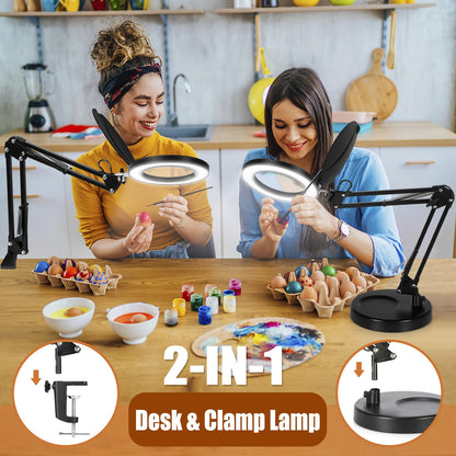 Veemagni 10X Magnifying Glass with Light and Stand, 2-in-1 LED Magnifying Desk Lamp with Clamp & Lens Cover, 3 Color Modes Stepless Dimmable Hands Free Lighted Magnifier for Crafts Reading Painting