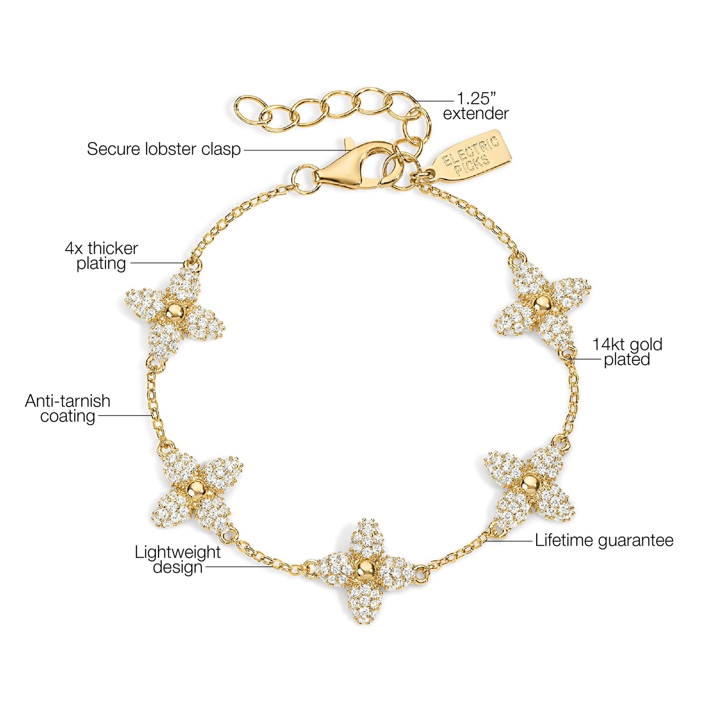 Electric Picks Showstopper Bracelet, 14K Gold Plated Clover Charm Jewelry for Women, Fashion Layering Bracelet, Trendy Gold Bracelets for Everyday Wear