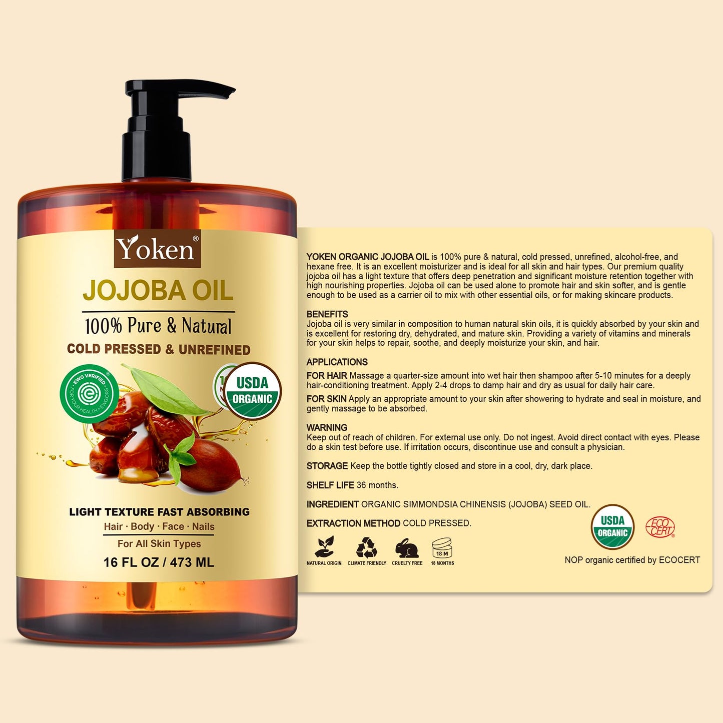 Yoken Pure Jojoba Oil Organic USDA Certified 16 fl oz, 100% Natural Jojoba Oil for Hair, Skin & Face, Cold Pressed Unrefined, Deeply Body Moisturizer Jojoba Carrier Oils for Essential oil Mixing