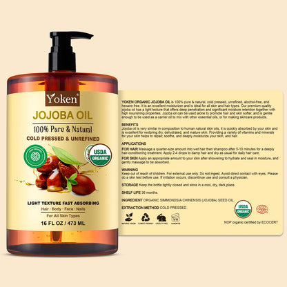 Yoken Pure Jojoba Oil Organic USDA Certified 16 fl oz, 100% Natural Jojoba Oil for Hair, Skin & Face, Cold Pressed Unrefined, Deeply Body Moisturizer Jojoba Carrier Oils for Essential oil Mixing