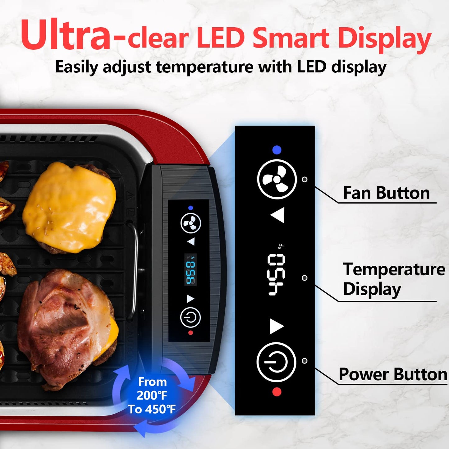 CUSIMAX Smokeless Indoor Grill, Electric Grill Griddle, 1500W Korean BBQ Grill with LED Smart Display & Tempered Glass Lid, Non-stick Removable Grill Plate & Griddle Plate, Red