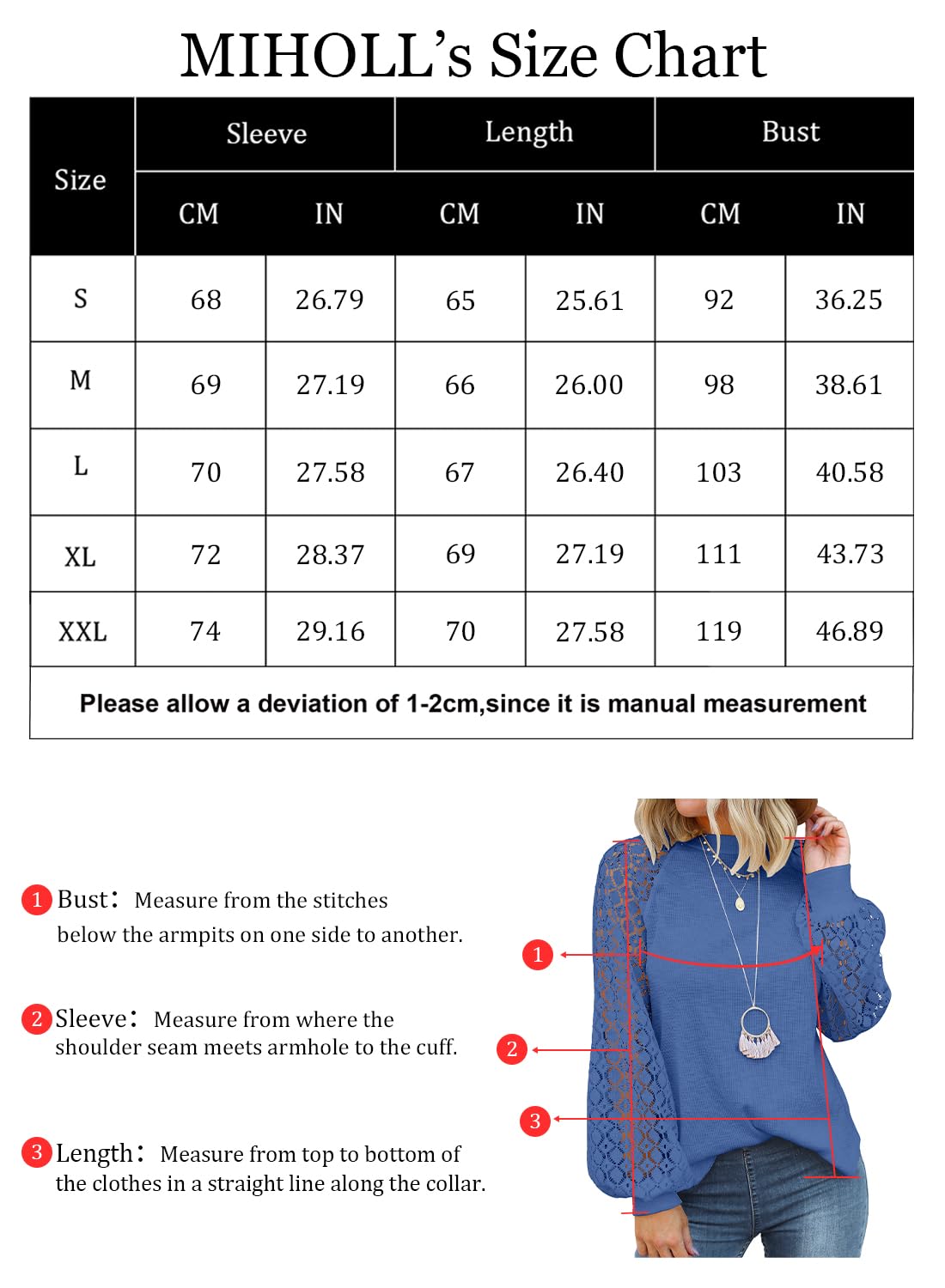MIHOLL Women's Long Sleeve Tops Lace Casual Loose Blouses T Shirts (09 Blue, Small)