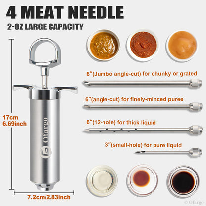 Ofargo 304-Stainless Steel Meat Injector Syringe Kit with 4 Marinade Needles for BBQ Grill Smoker, 2-oz Large Capacity, Both Paper User Manual and E-Book Recipe