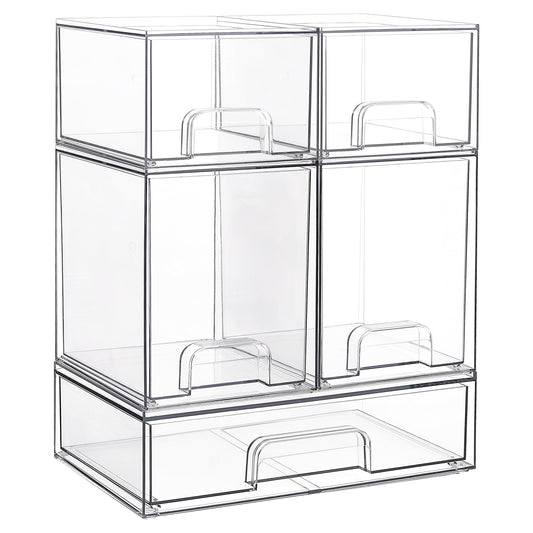 Vtopmart Stackable Storage Drawers Set of 5, Clear Plastic Organizer Bins for Baby Bottle, Beauty Supplies Storage, Ideal for Kichen Countertop, Vanity, Bathroom, Cabinet, Pantry Organization