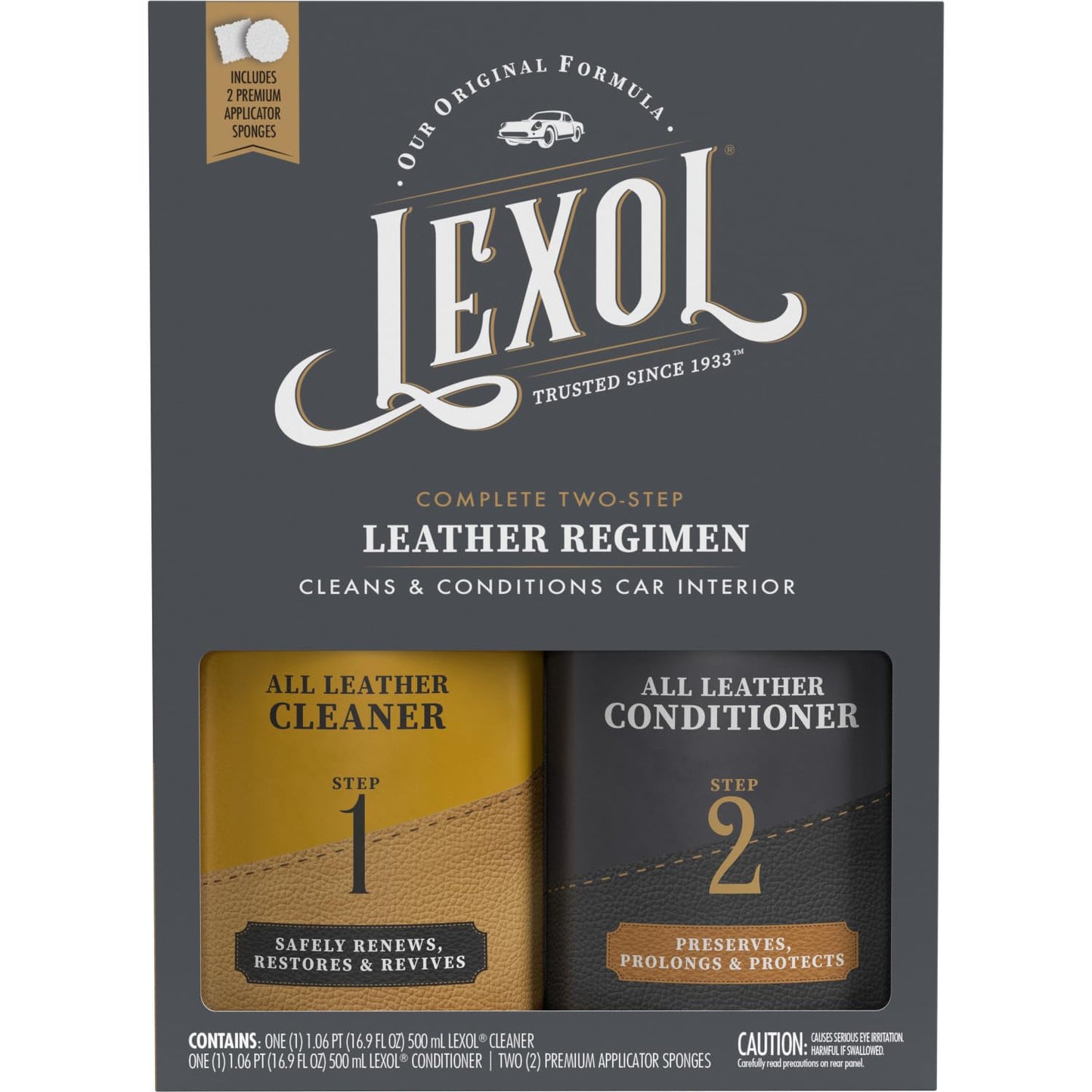 Lexol Leather Care Kit Conditioner and Cleaner, Use on Car Leather, Furniture, Shoes, Bags and Accessories, Trusted Leather Care Since 1933, Quick & Easy 2-Step Regimen, 16.9 oz Bottles Plus 2 Sponges,Black