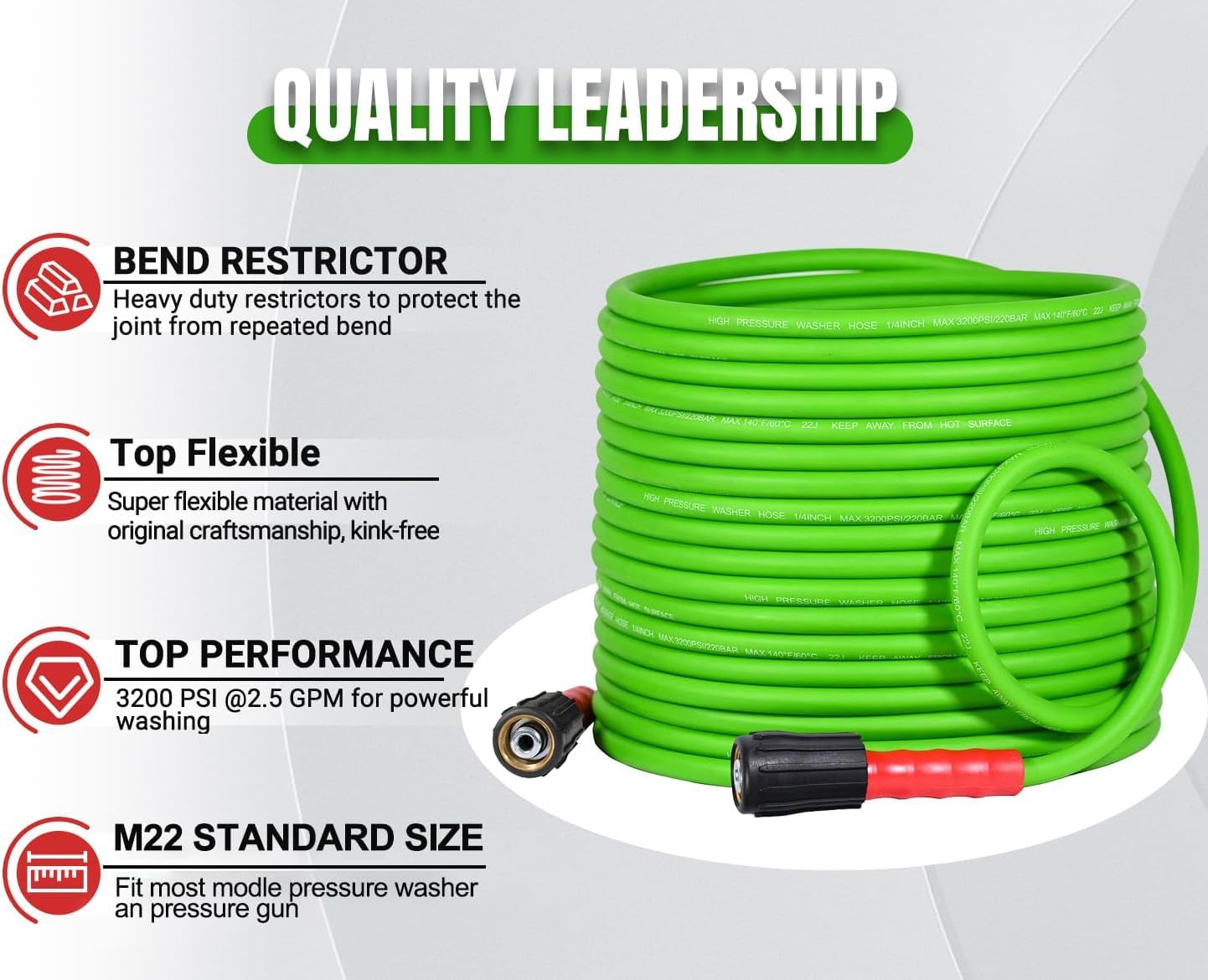 YAMATIC Pressure Washer Gun and Hose, 50 FT Flexible Hose with Stainless Steel Extension Power Washer Wand, 3/8" Swivel Quick Connect & M22-14mm Adapter Replacement for Ryobi Simpson Honda (Green)