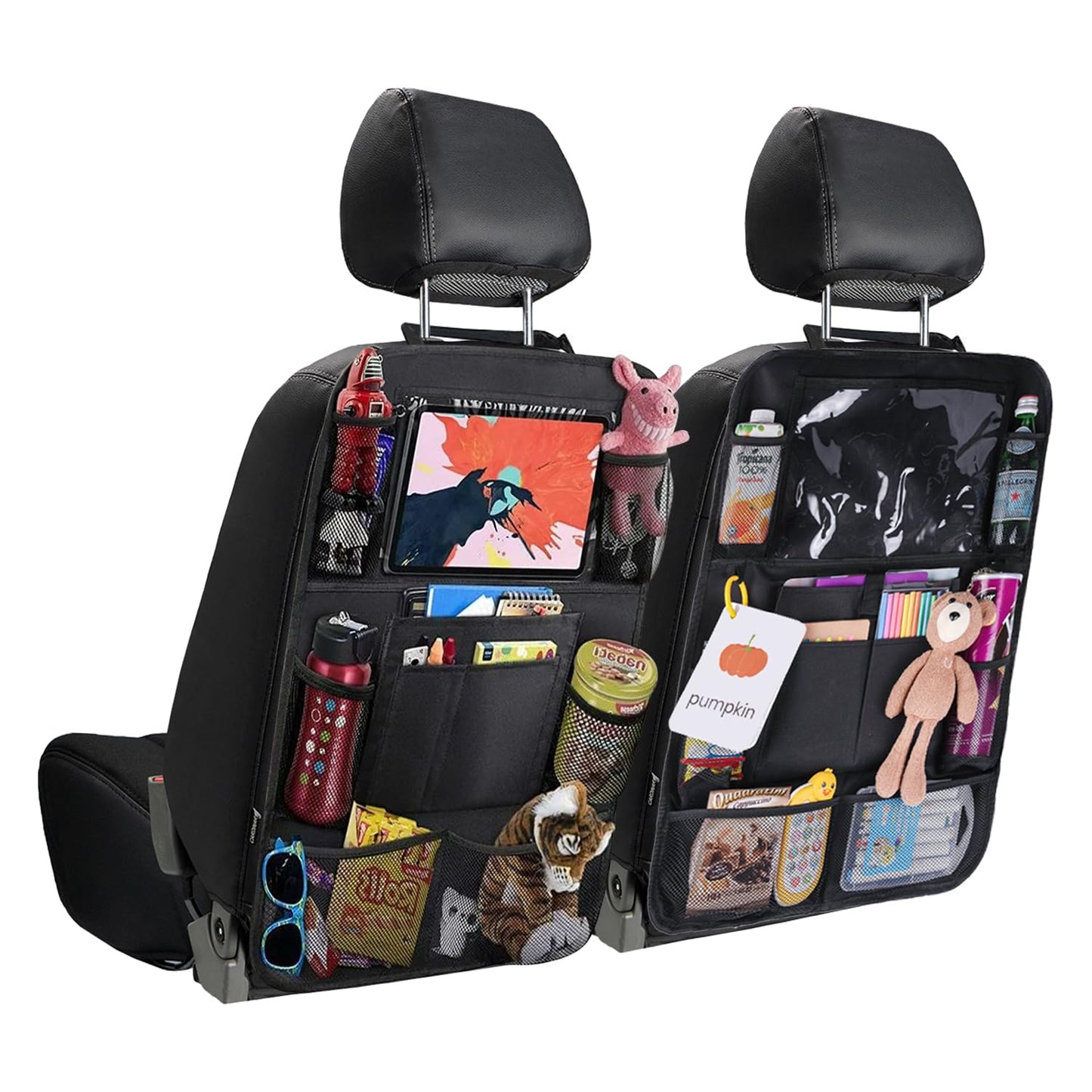 JUSTTOP Black Car Backseat Organizer with Touch Screen Tablet Holder, 9 Storage Pockets Kick Mats Car Seat Back Protectors for Kids Toddlers, Car Travel Accessories, 2 pack