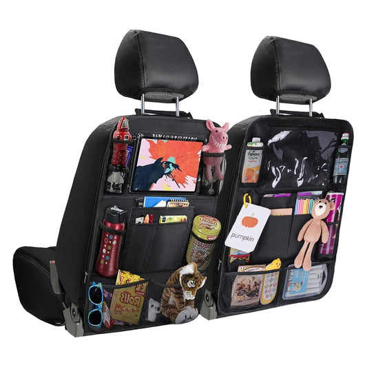 JUSTTOP Black Car Backseat Organizer with Touch Screen Tablet Holder, 9 Storage Pockets Kick Mats Car Seat Back Protectors for Kids Toddlers, Car Travel Accessories, 2 pack
