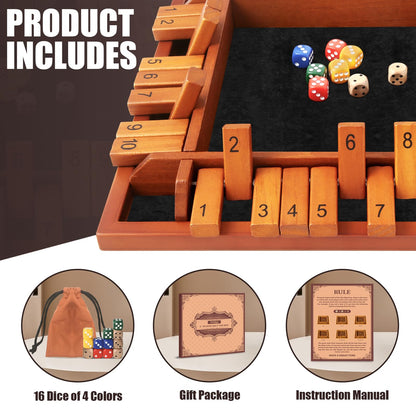 Toidgy 4 Players Shut The Box Dice Games, Wooden Board Table Math Game with 12 Dice and Instructions, Classics Close The Box Board Game for Adults Kids, Family Classroom Home or Bar