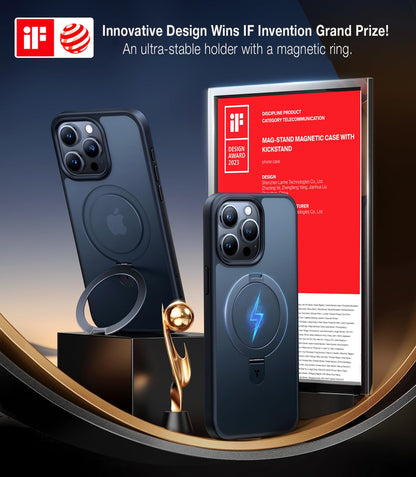 TORRAS Magnetic Ostand for iPhone 15 Pro Max Case 6.7 inch, [Military Grade Drop Tested][Compatible with MagSafe][Built in Kickstand] Translucent Slim Back Soft Edge, Frost Black