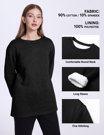 PEHMEA Women's Winter Warm Sherpa Lined Fleece Sweatshirt Crewneck Sport Pullover Loungewear Tops(Black-XL)