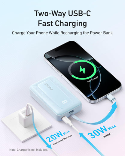 Anker Portable Charger, 10,000mAh 30W Power Bank, USB-C in and Out Fast Charging Battery Pack, Travel Essential Phone Power Bank, for iPhone 16/15, iPad, MacBook, Galaxy, Google, and More