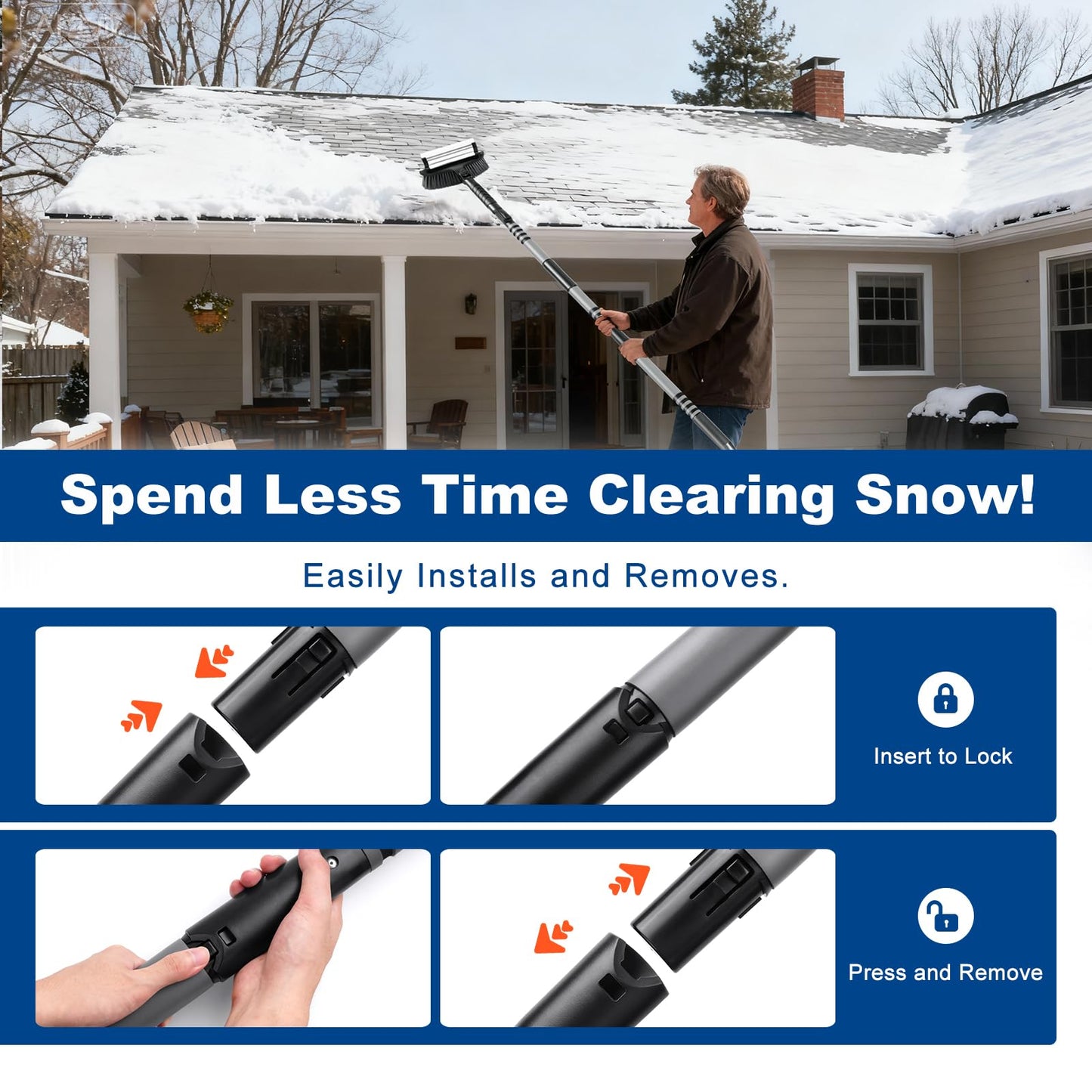 72" Extendable Long Snow Brush with Ice Scraper for Car Truck SUV Van - Soft Squeegee with 270° Pivoting Brush Head for Windshield Window - Snow Scraper & Antifreeze Gloves for Car Winter Accessories