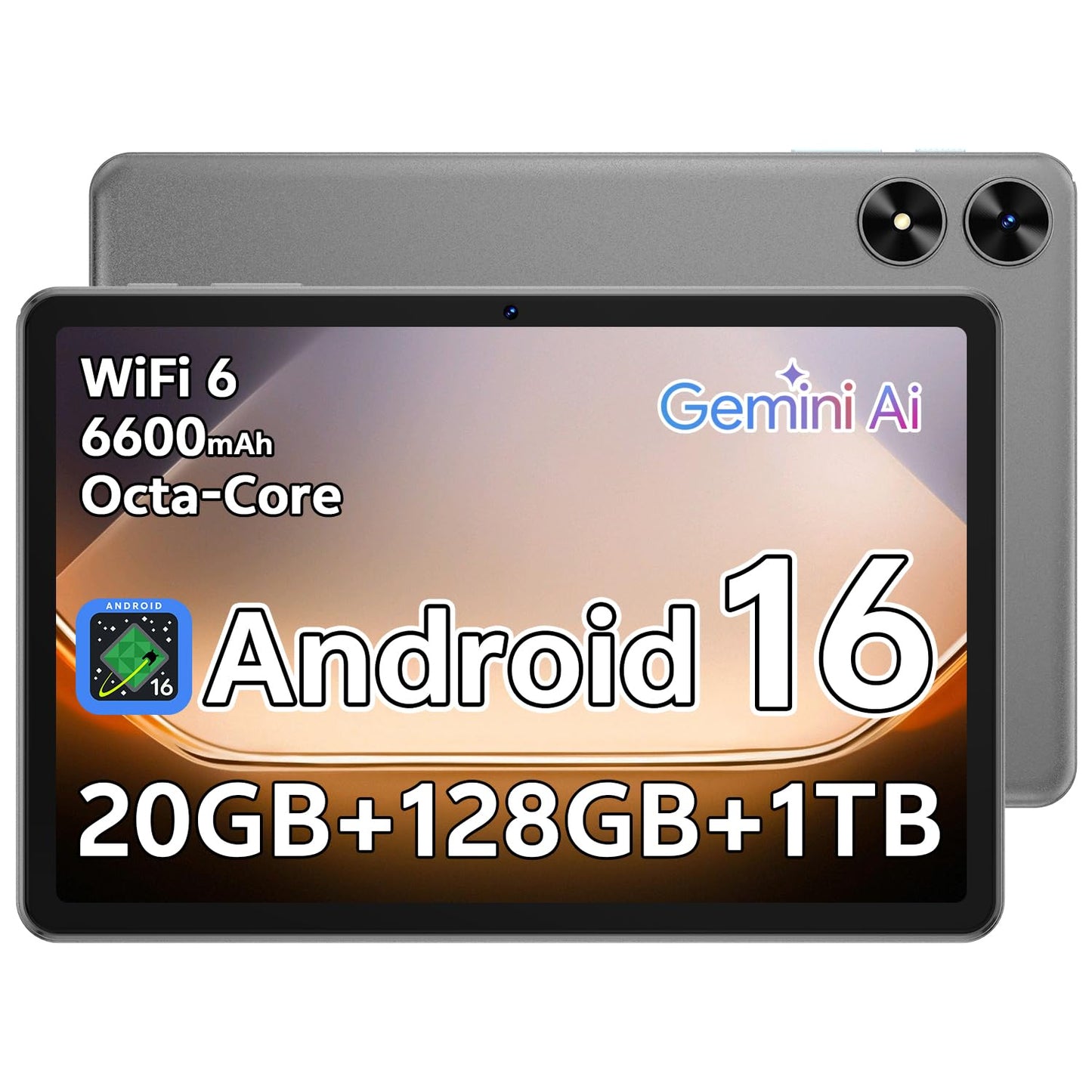 SHARECLOUD Android 16 Tablet 10.1 inch Tablet with Octa-Core Processor, 20GB RAM 128GB ROM 1 TB Expandable, 1280x800 HD IPS Touch Screen, GPS, 8H Battery, WiFi 6, BT 5.2, Dual Camera (Gray)
