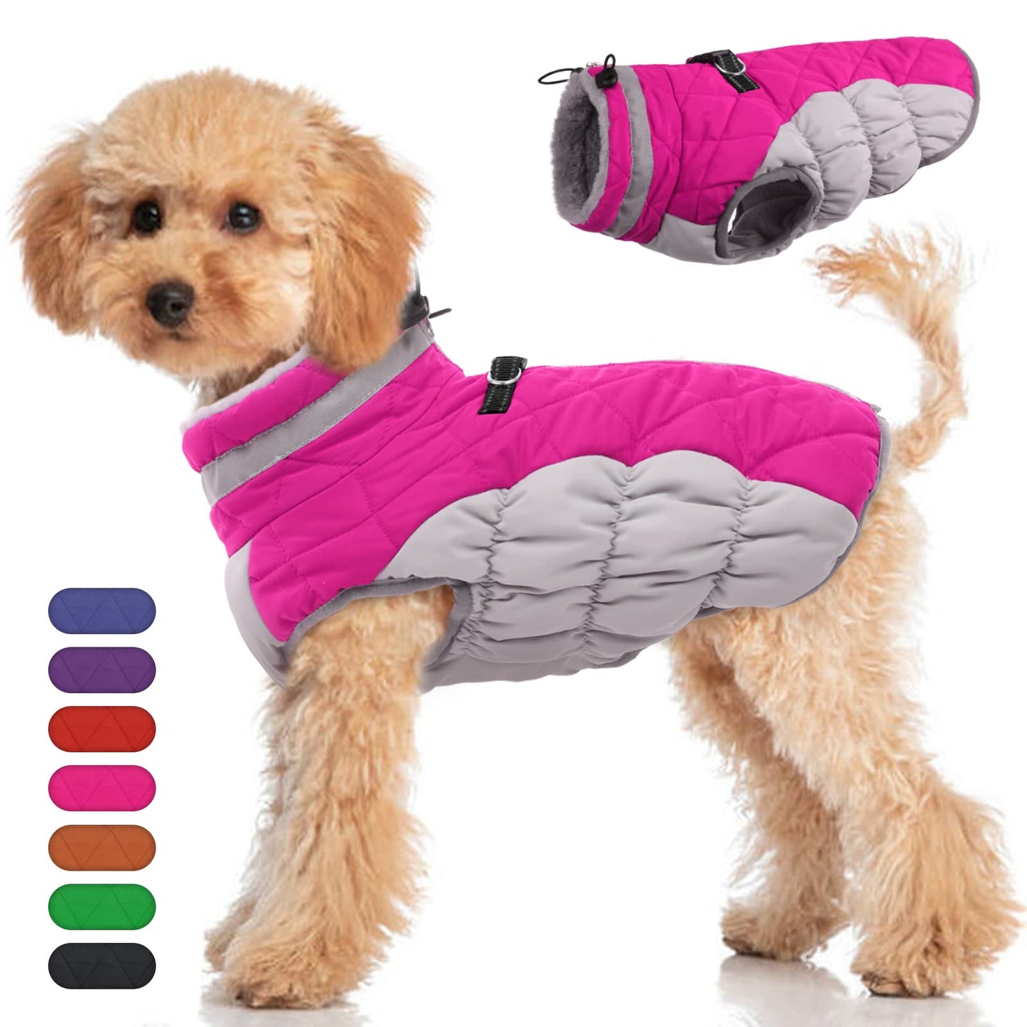 OUOBOB Dog Coat, Fleece Dog Vest with Harness Built in, Dog Cold Weather Coats, Dog Snowsuit Waterproof, Dog Coats for Small Dogs, Dog Winter Jacket Windproof, Dog Puffer Jacket Rose Red S