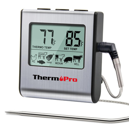 ThermoPro TP16 Large LCD Digital Cooking Food Meat Thermometer for Smoker Oven Kitchen BBQ Grill Thermometer Clock Timer with Stainless Steel Temperature Probe