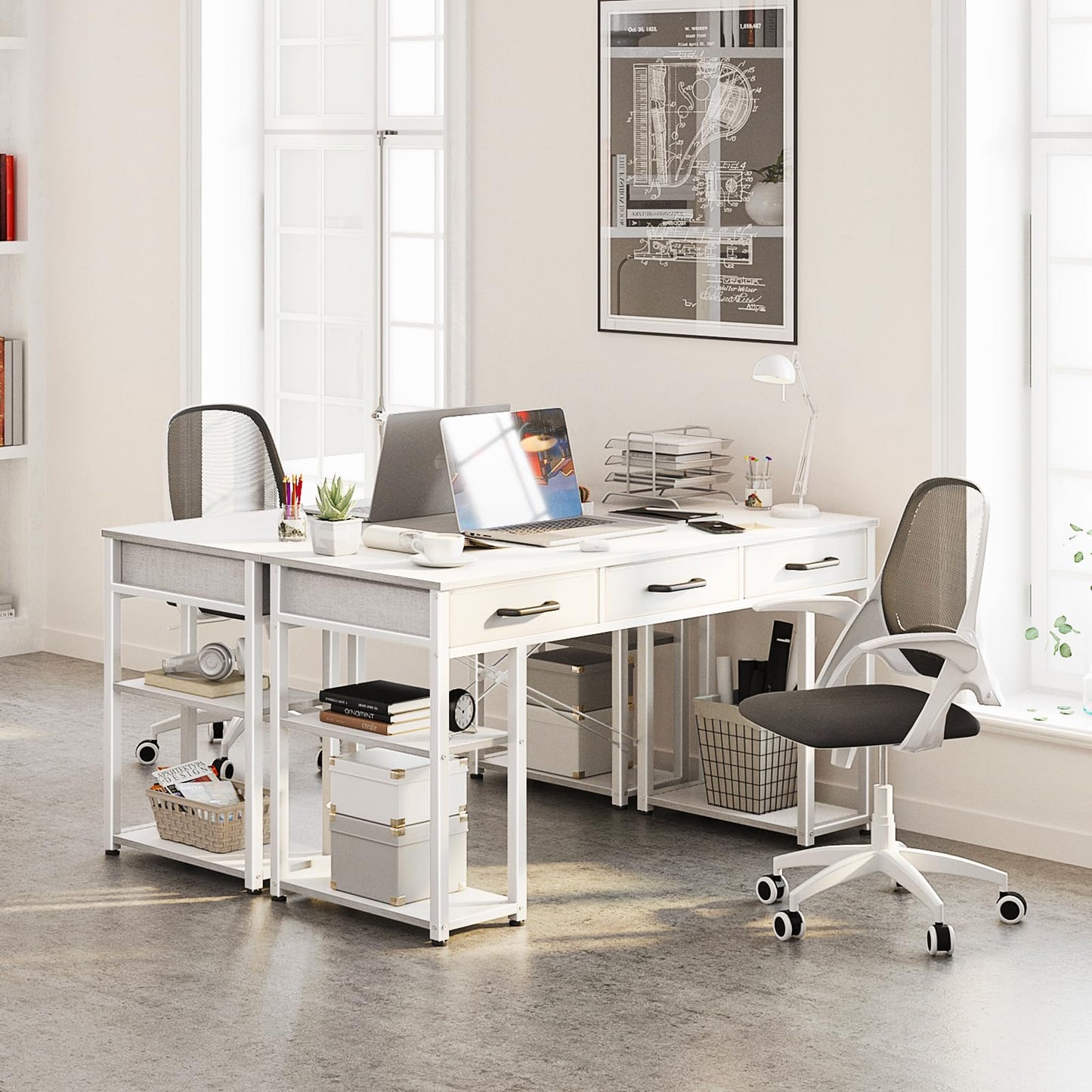 ODK Office Small Computer Desk: Home Table with Fabric Drawers & Storage Shelves, Modern Writing Desk, White, 48"x16"