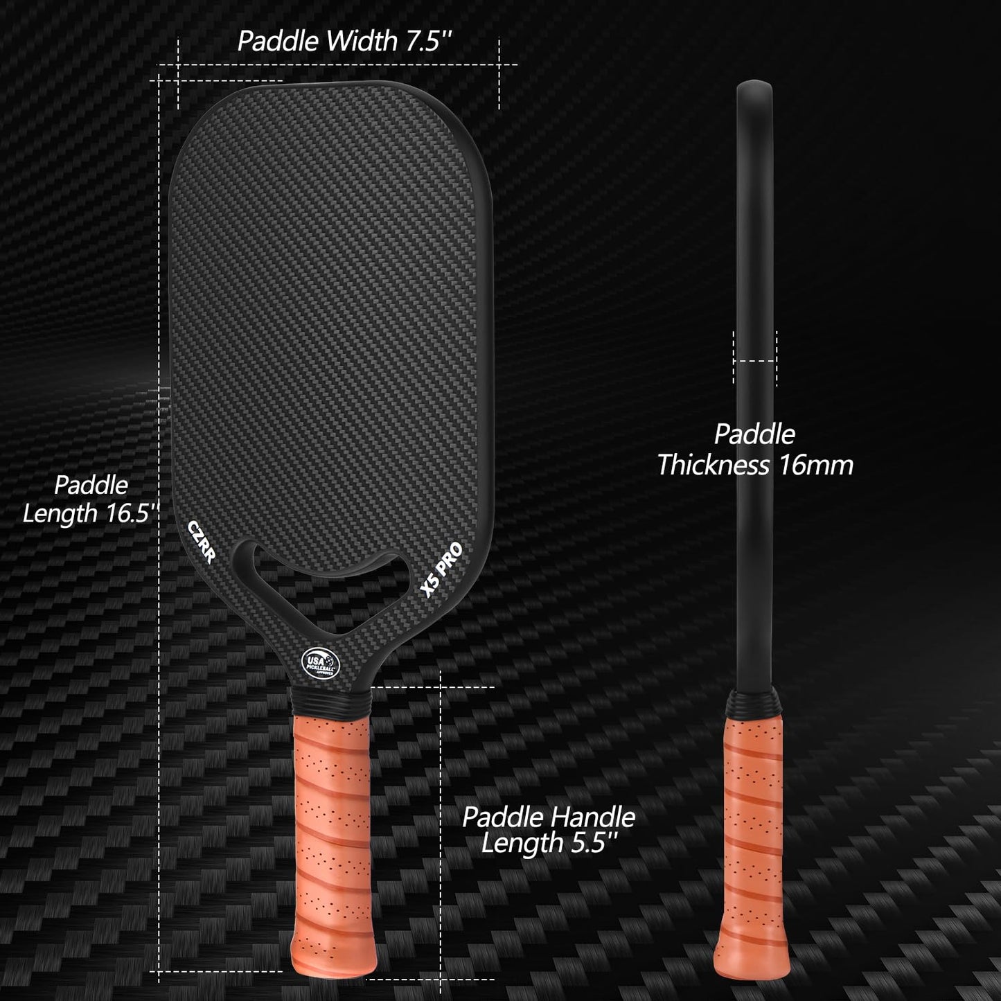 Pickleball Paddle, 3K Carbon Fiber Pickleball Paddle with Aero Throat, USA Pickleball Approved, 16MM Polypropylene Honeycomb Core, Textured Carbon Grit Surface