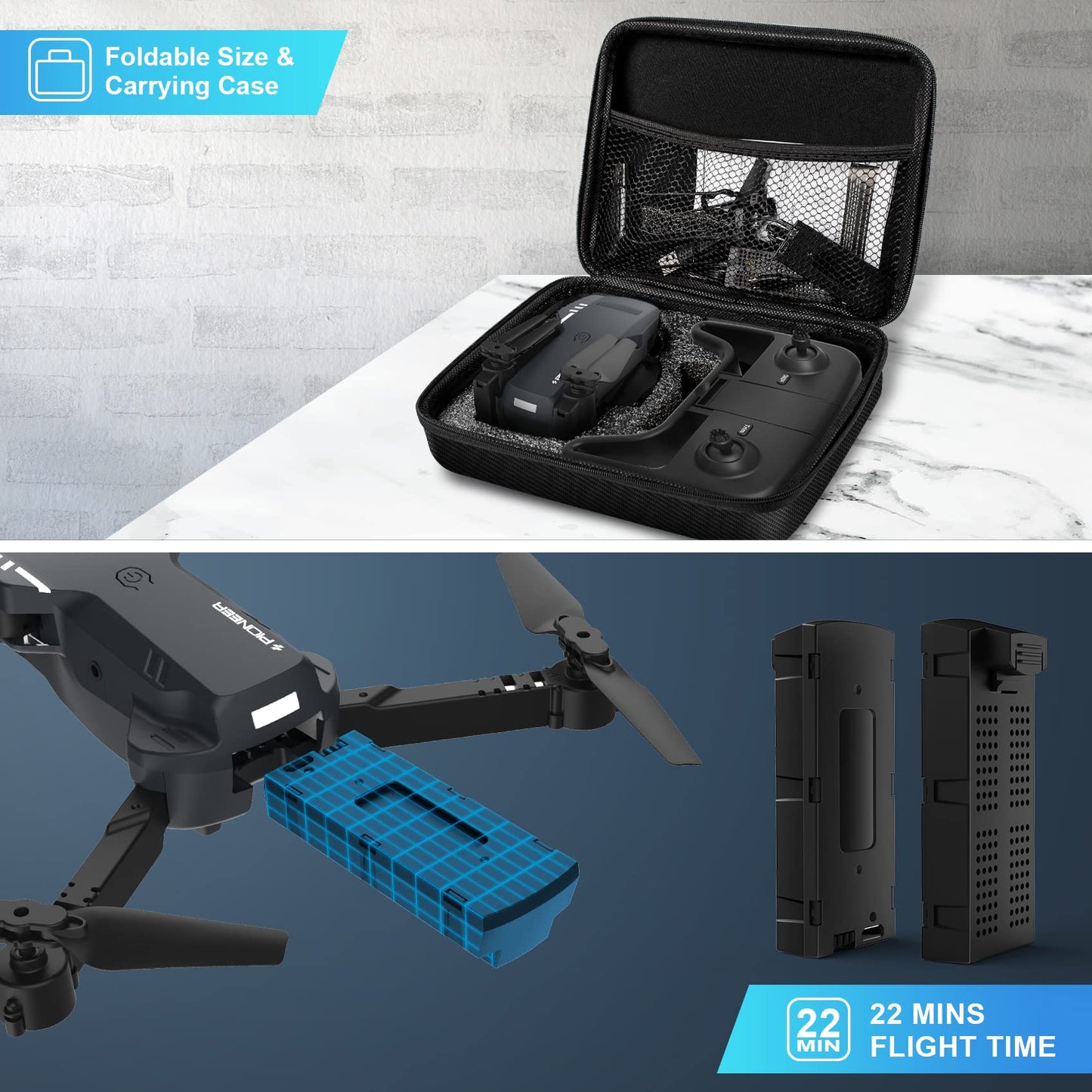 Mini Drone with Camera - 1080P HD FPV Foldable Drone with Carrying Case, 2 Batteries, 90° Adjustable Lens, One Key Take Off/Land, Altitude Hold, 360° Flip, Toys Gifts for Adults, beginner