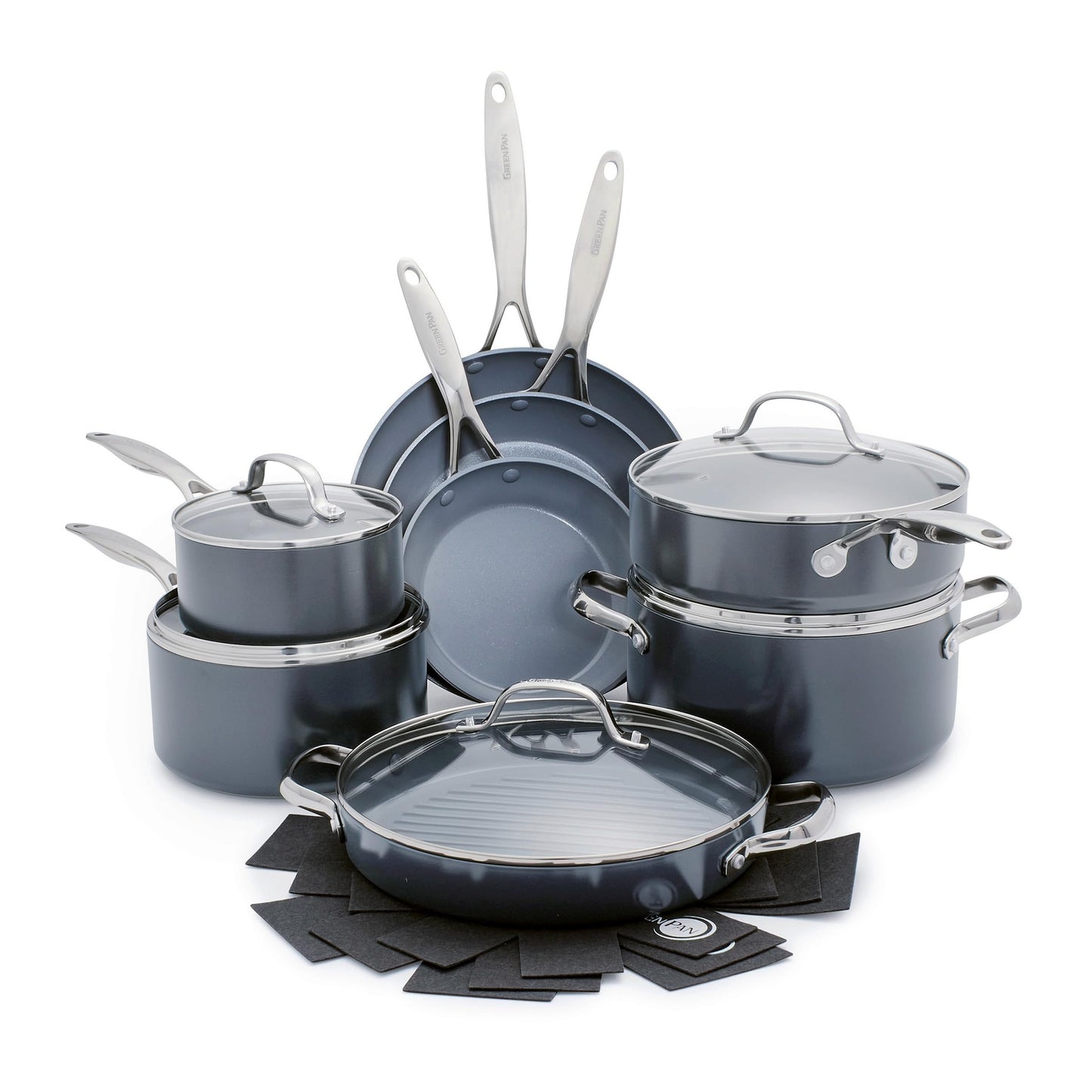GreenPan Valencia Pro Ceramic Nonstick 16 Piece Cookware Set, Hard Anodized PFAS-Free Pots & Pans, Induction Ready, Compatible on All Cooktops, Dishwasher Safe, Oven Safe to 600F, Gray
