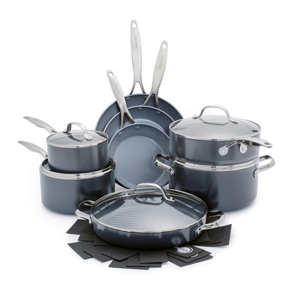 GreenPan Valencia Pro Ceramic Nonstick 16 Piece Cookware Set, Hard Anodized PFAS-Free Pots & Pans, Induction Ready, Compatible on All Cooktops, Dishwasher Safe, Oven Safe to 600F, Gray