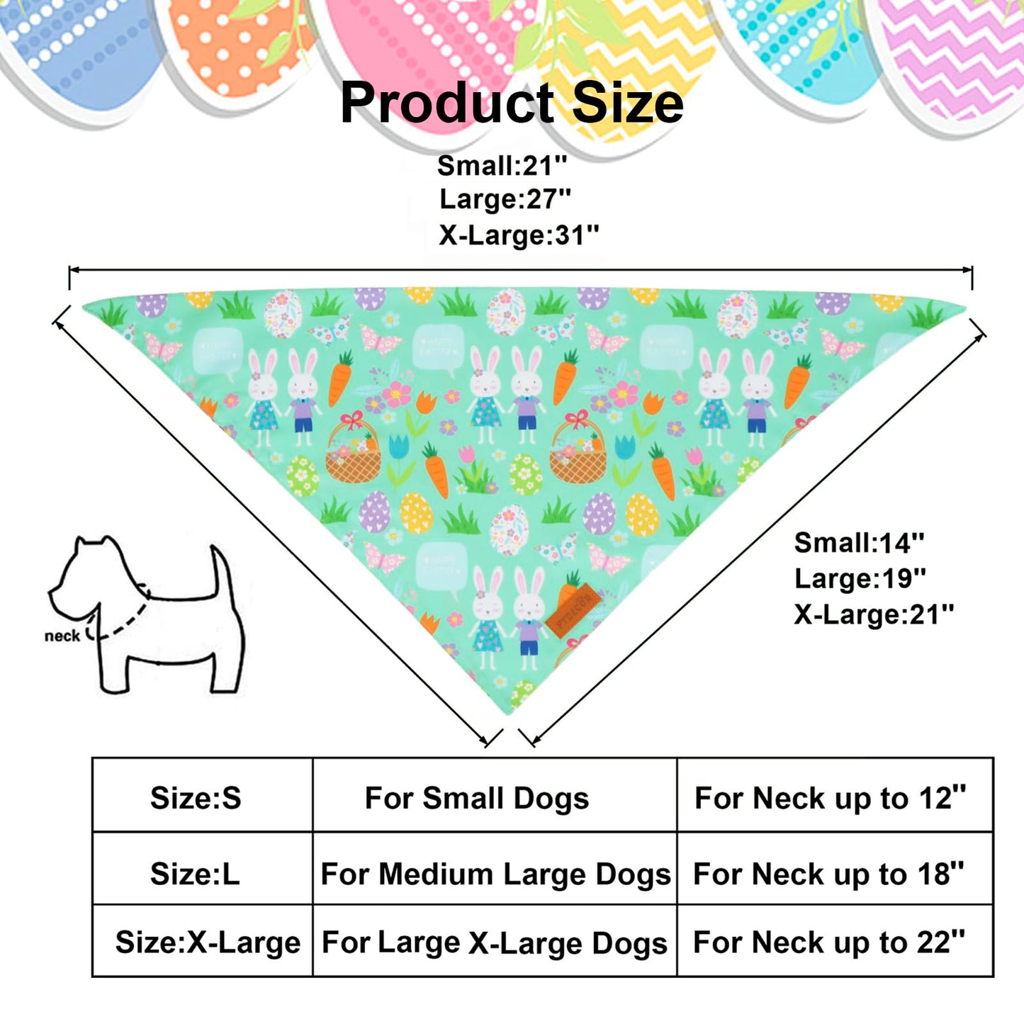 PTDECOR Easter Dog Bandana, Reversible Rabbit Easter Egg Dog Scarf, Multi Size, White Green Bandanas for Medium Large Dogs Pets (White&Green, Large)