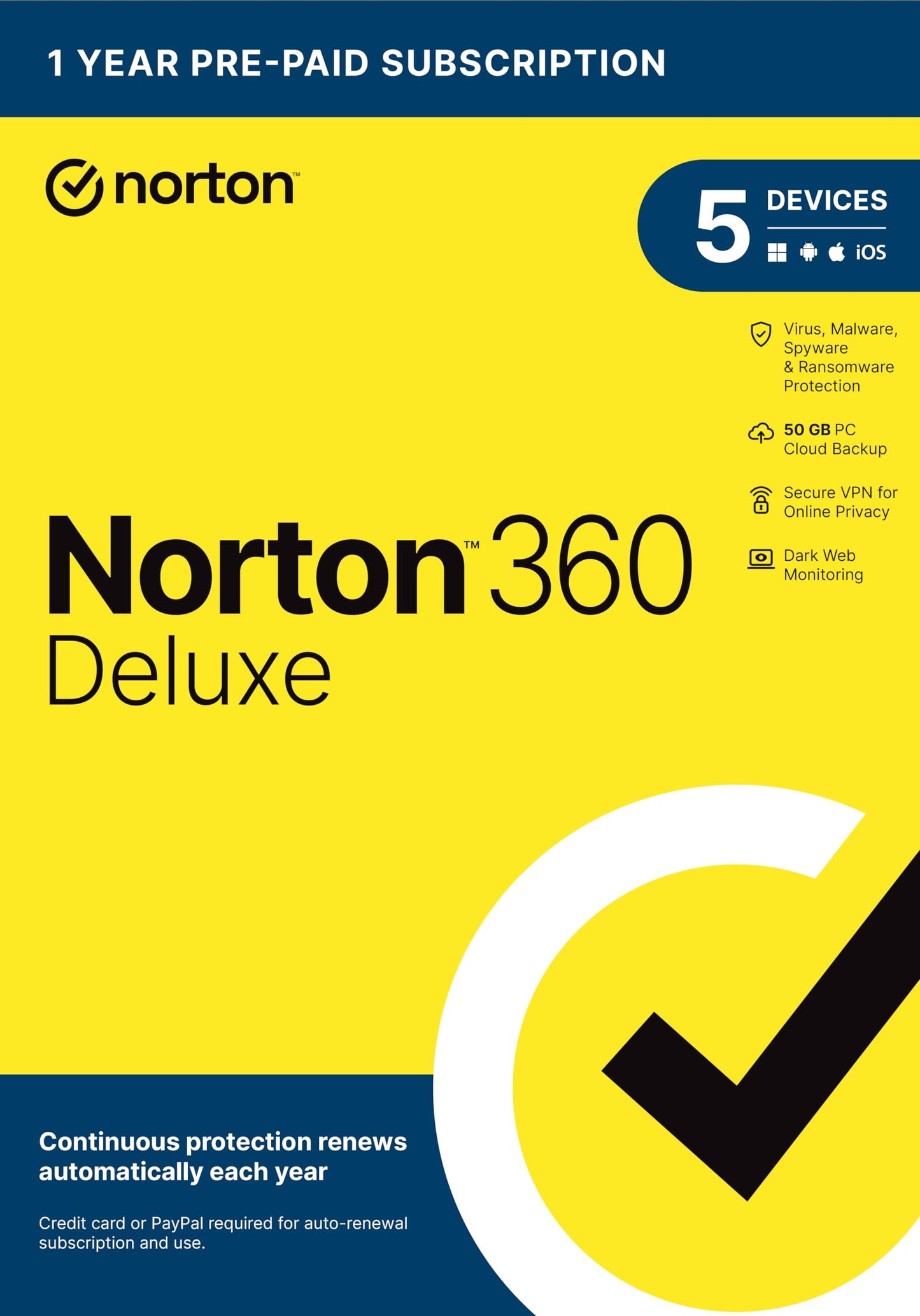 Norton 360 Deluxe 2025, Antivirus software for 5 Devices with Auto Renewal - Includes VPN, PC Cloud Backup & Dark Web Monitoring [Key Card]