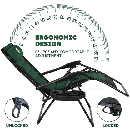 Colegence Oversized Padded Zero Gravity Lounge Chair, Foldable Patio Anti Gravity Reclining Chairs Folding Lawn Recliner with Cup Holder for Yard, Camping, Outdoor, Support 350 LBS, Green