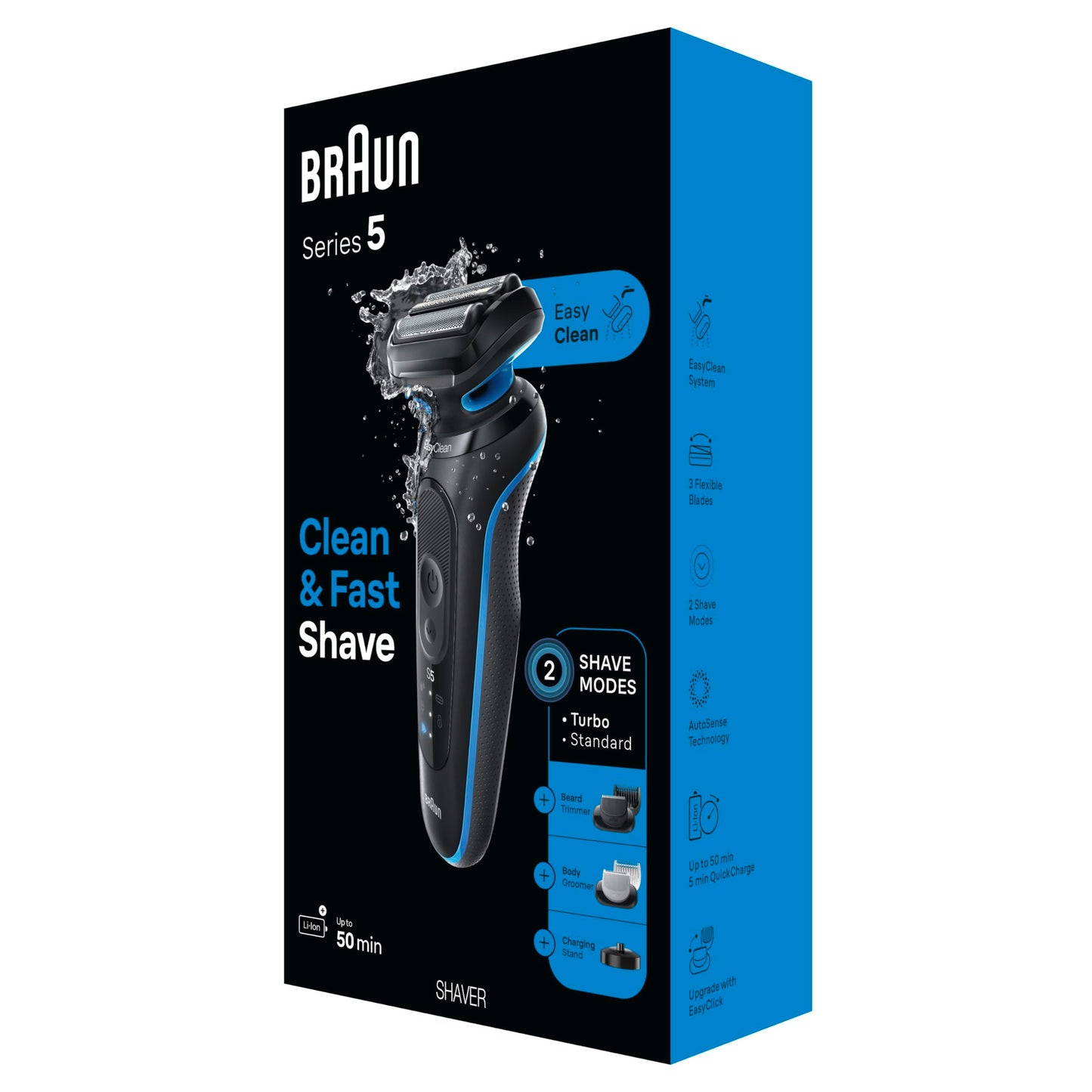 Braun Electric Shaver for Men, Series 5 5150cs, Wet & Dry Shave, Turbo Shaving Mode, Foil Shaver, with Beard Trimmer, Body Groomer and Charging Stand, Blue