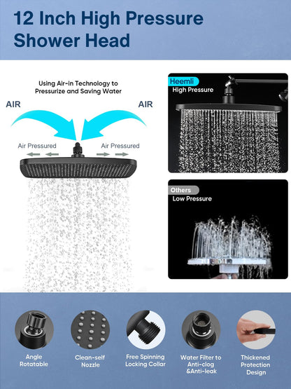 Heemli 12 Inch Rain Shower Head - High Pressure Shower Head, Dual Shower Heads with 8 Modes Handheld Spray Combo - Upgrade Extension Arm Height Adjustable, Black