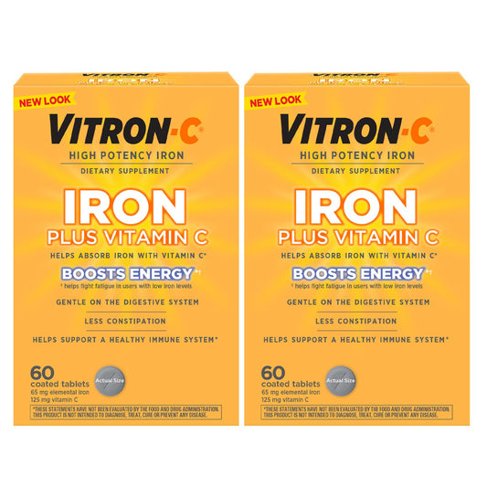 Vitron-C Iron Supplement, Once Daily, High Potency Iron Plus Vitamin C, Support Red Blood Cell Production, Dye Free Tablets, 60 Count, 2 Pack