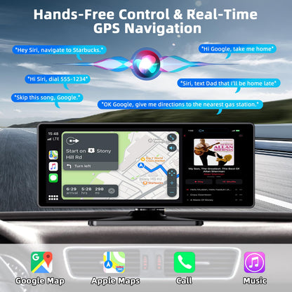 10.26 Inch Carplay Screen for Car, Portable CarPlay Screen with Wireless Carplay & Android Auto, 4K Dash Cam/1080P Backup Camera/GPS Navigation/Mirror Link/Bluetooth, Car Touch Screen with 64GB TF