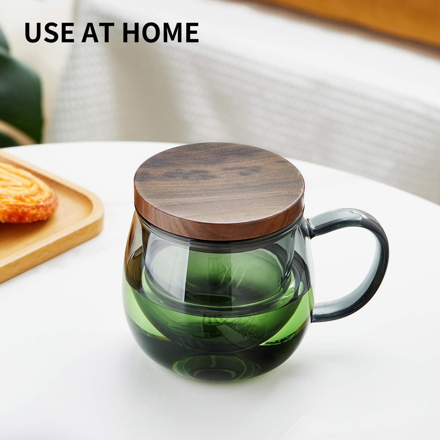 Unbreakable Glass Tea Cup with Infuser and Lid - 17oz Tea Mug for Loose Leaf Tea, Infusion Mug with Glass Filter and Wood Lid