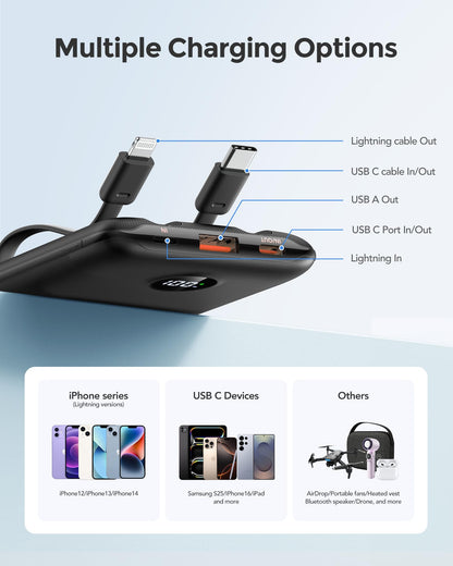 WeeFancy Mini Portable Charger with Built-in Cables 22.5W Fast Charging Power Bank USB-C Small Battery Pack 10000mAh Travel Essential Slim Battery for iPhone 16/15/14, Samsung 25/24, and More