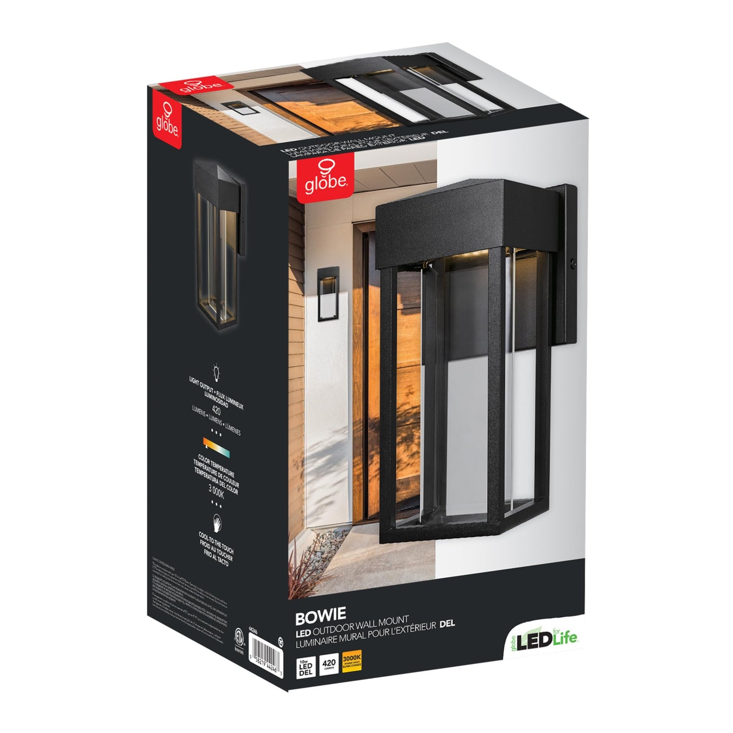 GLOBE Electric 44246 Bowie LED Integrated Outdoor Indoor Wall Sconce, Matte Black, Clear Glass Insert, 10W, 420 Lumens