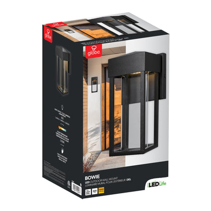GLOBE Electric 44246 Bowie LED Integrated Outdoor Indoor Wall Sconce, Matte Black, Clear Glass Insert, 10W, 420 Lumens